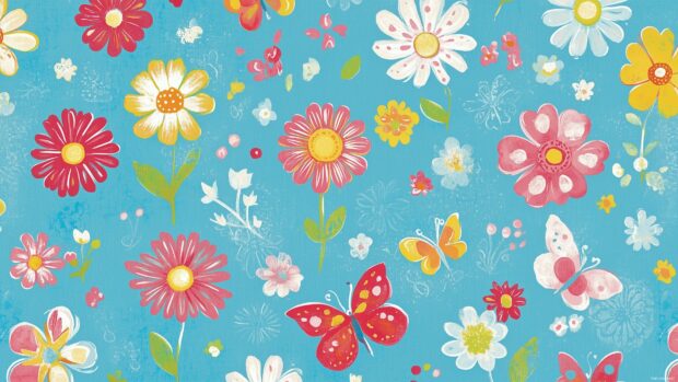 Cute flower wallpaper 4K with whimsical daisies, colorful butterflies, and a playful background.