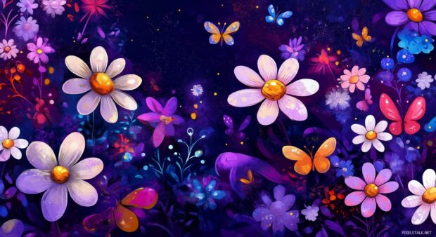 Cute flower wallpaper HD with whimsical daisies, colorful butterflies, and a playful background.