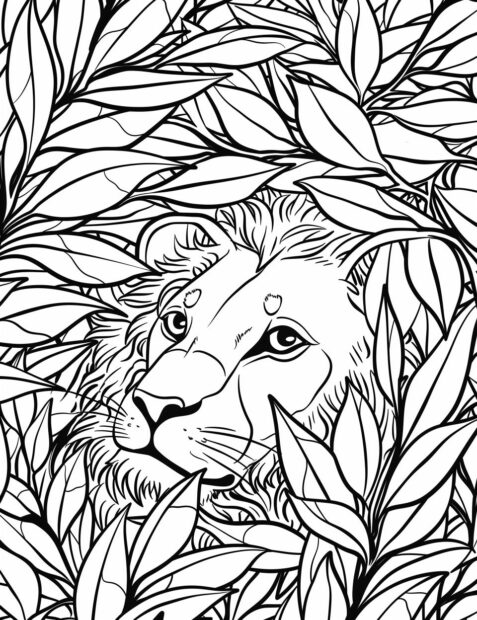 Cute lion cub hiding behind a bush, coloring pages.