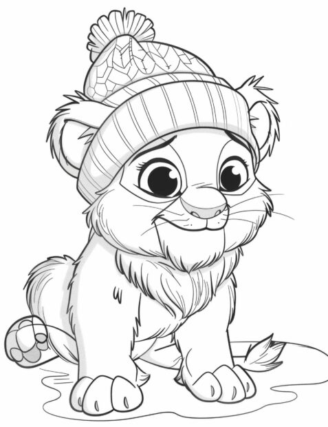 Cute lion cub wearing a playful hat.