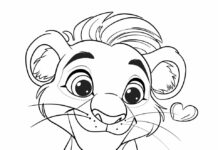 Cute lion cub with heart shaped spots, printable coloring pages.