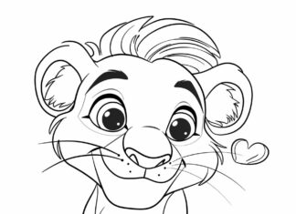 Cute lion cub with heart shaped spots, printable coloring pages.