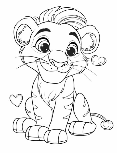 Cute lion cub with heart shaped spots, printable coloring pages.