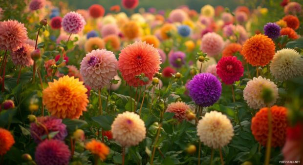 Dahlia field desktop wallpaper with rows of colorful dahlias in full bloom.