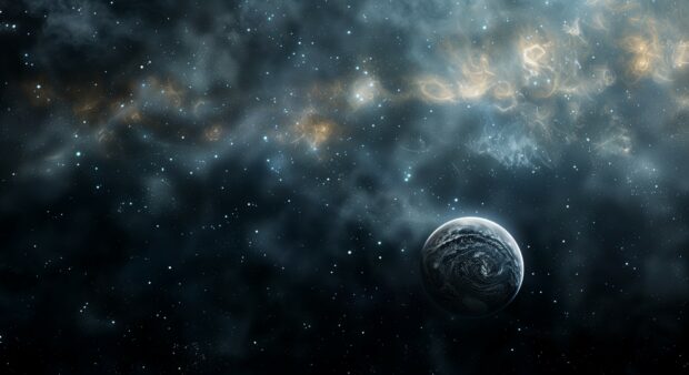 Dark and distant galaxy with a faintly glowing atmosphere, set against the starry background of deep space.