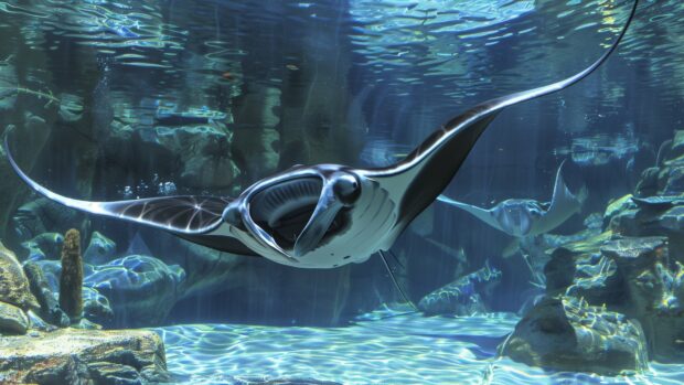 Deep blue sea 4K background with a majestic manta ray soaring gracefully through the depths, its wings creating mesmerizing patterns in the water.