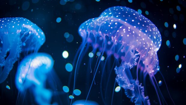 Deep sea background 4K of bioluminescent organisms lighting up the darkness of the deep sea, creating a magical underwater light show.