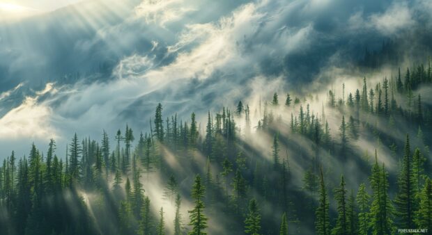 Dense fog rolling through a pine forest, rays of sunlight piercing the mist.