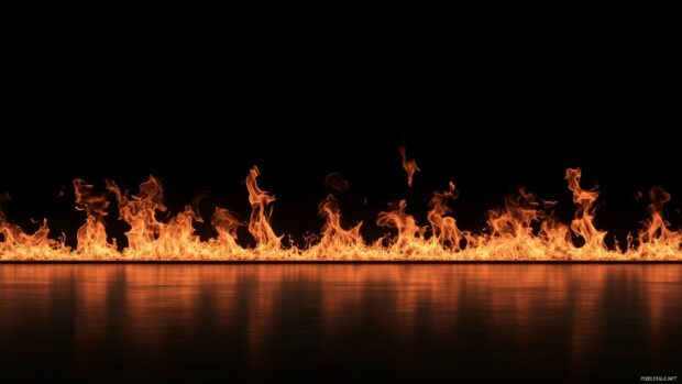 Desktop 2K HD Wallpaper with a dramatic wall of red flames with varying intensity, set against a pure black background, highlighting the contrast between fire and darkness.