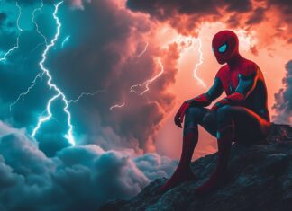 Desktop HD Wallpaper with Spiderman facing a fierce storm, with lightning illuminating the sky.