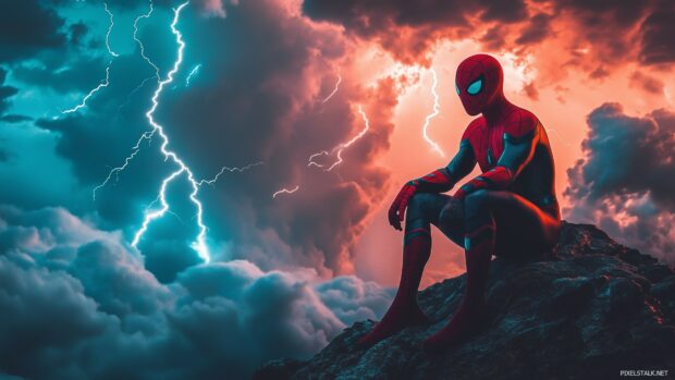 Desktop HD Wallpaper with Spiderman facing a fierce storm, with lightning illuminating the sky.