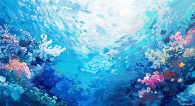 Desktop wallpaper HD with abstract underwater coral reef, bright marine colors.