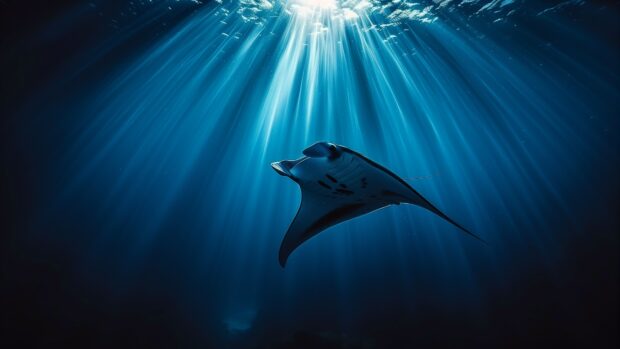 Dive into the depths to witness the graceful dance of manta rays gliding through the water, amazing sea life wallpaper.