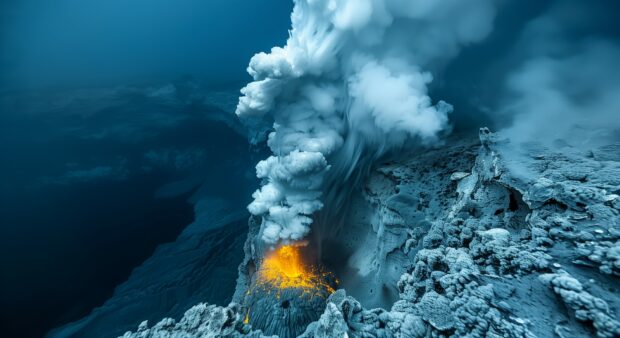 Dive into the surreal world of deep sea vents, where volcanic activity supports vibrant ecosystems of strange and exotic life forms, Under the Sea Background.