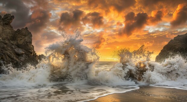 Dramatic California beach with rugged cliffs and crashing waves, the iconic Big Sur coastline in the background.