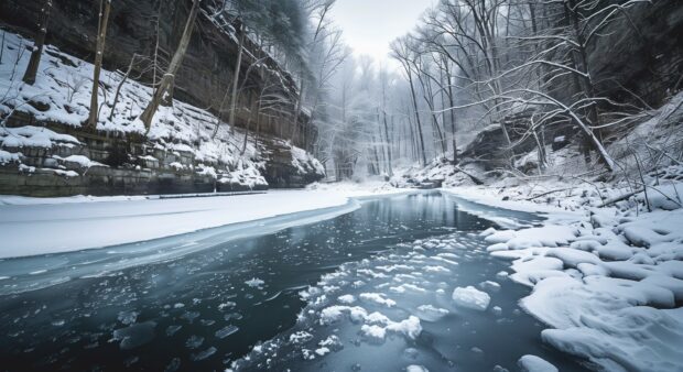 Enchanting winter wonderland with a frozen river.