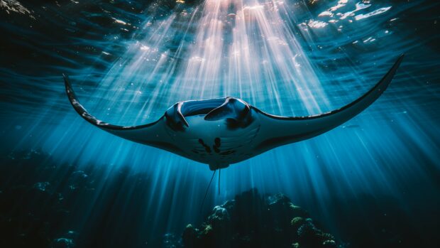 Encounter a majestic manta ray soaring gracefully through the depths, Under the Sea Life.