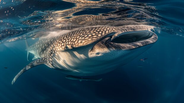 Encounter the majestic presence of a whale shark gliding through the deep waters, its massive size and graceful movements captured in awe inspiring detail.