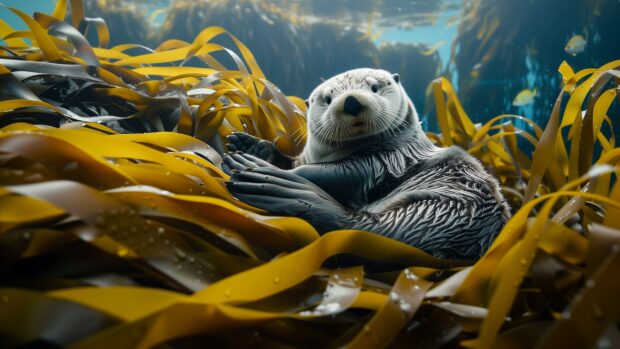 Explore the intricate ecosystem of a kelp forest, where sea otters play among towering kelp strands and schools of fish dart in and out of the shadows 2.