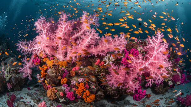 Explore the vibrant colors of a coral reef, with tropical fish darting through the coral formations.