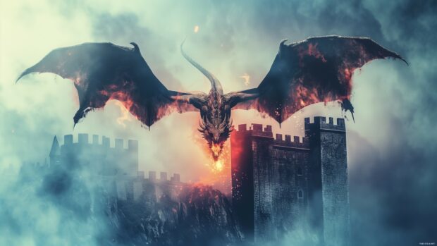 Fierce cool dragon flying over a medieval castle with flames and smoke.