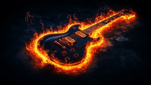 Fire 4K desktop wallpaper with a glowing electric Guitar with flames shooting out from the body.