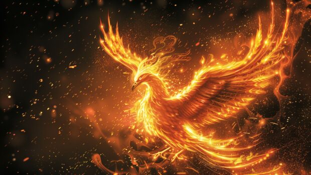 Fire 4K desktop wallpaper with majestic phoenix rising from the flames, with wings spread wide and glowing feathers.