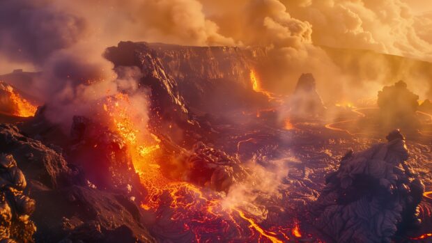 Fire 4K wallpaper with a dramatic shot of lava flowing from a volcano, with intense heat and fiery colors.