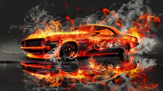 Fire car wallpaper 4K for desktop.