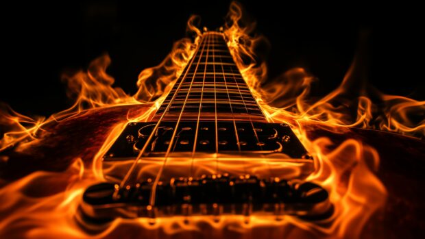 Fire desktop HD Wallpaper with a close up of a Guitar neck and headstock with flames dancing along the strings.