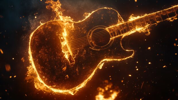 Fire wallpaper 4K with a burning Guitar in mid air, with flames and smoke swirling around it, set against a dark.