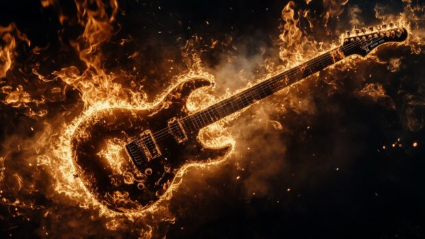 Fire wallpaper with a burning Guitar in mid air, with flames and smoke swirling around it, set against a dark, dramatic backdrop.