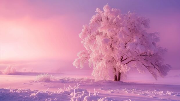 Frosty morning in a winter wonderland with a pink sky 4k background.