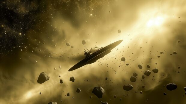 Galaxy Wallpaper HD with a spacecraft traveling through the asteroid belt wallpaper, with rocks and debris surrounding it.