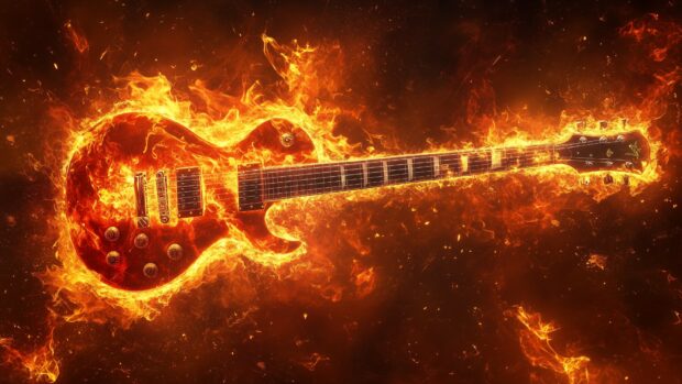 Guitar Fire Desktop Wallpaper with a stylized Guitar made entirely of Fire, with flames forming the body and neck.