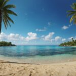 HD Desktop wallpaper with a pristine beach, palm trees swaying in the wind, and a clear blue sky stretching to the horizon.