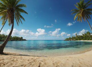 HD Desktop wallpaper with a pristine beach, palm trees swaying in the wind, and a clear blue sky stretching to the horizon.