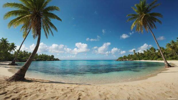 HD Desktop wallpaper with a pristine beach, palm trees swaying in the wind, and a clear blue sky stretching to the horizon.