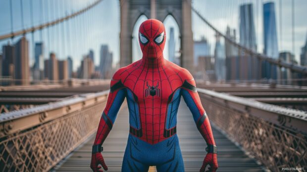 HD Wallpaper with Spiderman in his classic red and blue suit, standing tall on a bridge.