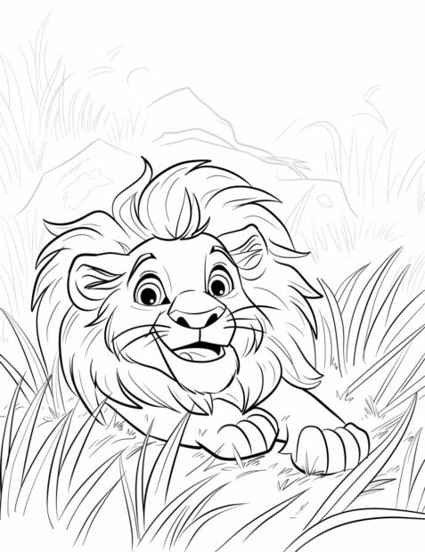 Happy lion cub playing in the grass, coloring pages.