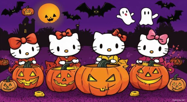 Hello Kitty and friends carving pumpkins, with Halloween decorations like ghosts and bats hanging around them.