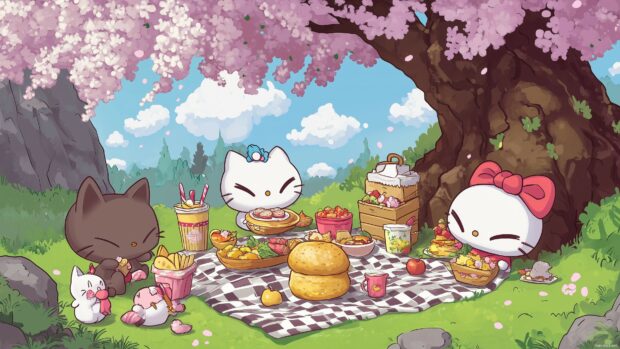 Hello Kitty and her friends having a picnic under a cherry blossom tree, with cute food items and a checkered blanket, 4K wallpaper.