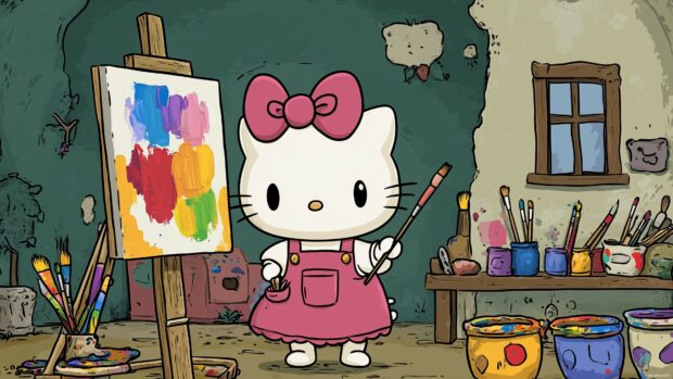 Hello Kitty as a painter, standing in front of an easel with colorful paints and brushes, 4K desktop wallpaper.