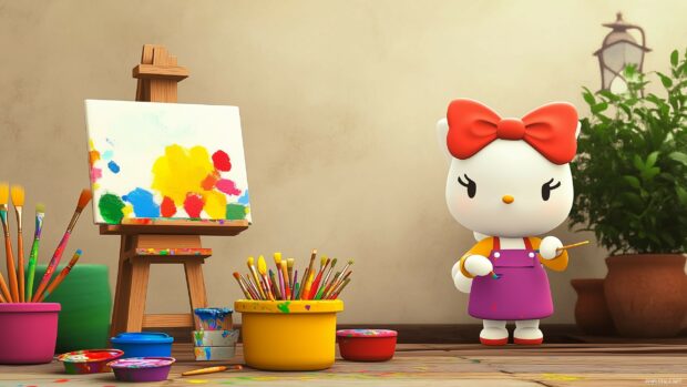 Hello Kitty as a painter, standing in front of an easel with colorful paints and brushes.