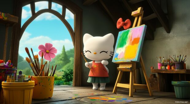 Hello Kitty as a painter, standing in front of an easel with colorful paints and brushes, cute desktop wallpaper.