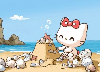 Hello Kitty at the beach, building a sandcastle with seashells and starfish around her.