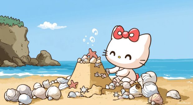 Hello Kitty at the beach, building a sandcastle with seashells and starfish around her.