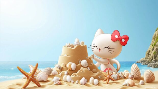 Hello Kitty at the beach, building a sandcastle with seashells and starfish around her, under a clear blue sky.