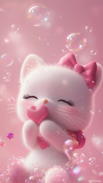 Hello Kitty blowing a kiss, with floating heart bubbles around her and a soft pink background.