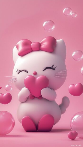 Hello Kitty blowing a kiss, with floating heart bubbles around her and a soft pink background.